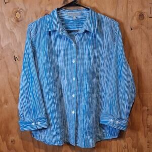 Foxcroft Shirt Women's 14 Turquoise White Check Textured Classic Preppy Retro